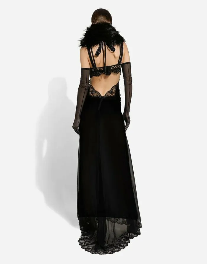 Dolce and Gabbana Dresses Women Long Silk Chiffon Dress With Lace Body Black Dolce and Gabbana Dresses Women Long Silk Chiffon Dress With Lace Body Black