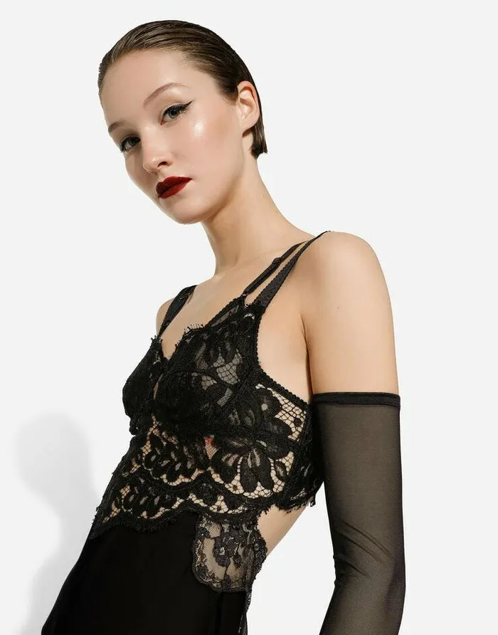 Dolce and Gabbana Dresses Women Long Silk Chiffon Dress With Lace Body Black Dolce and Gabbana Dresses Women Long Silk Chiffon Dress With Lace Body Black