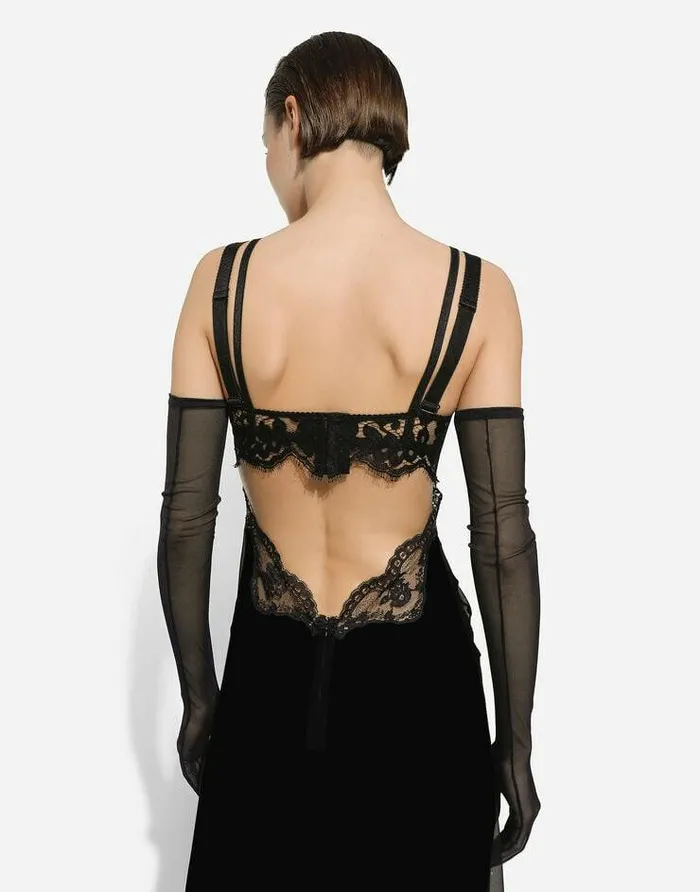 Dolce and Gabbana Dresses Women Long Silk Chiffon Dress With Lace Body Black Dolce and Gabbana Dresses Women Long Silk Chiffon Dress With Lace Body Black