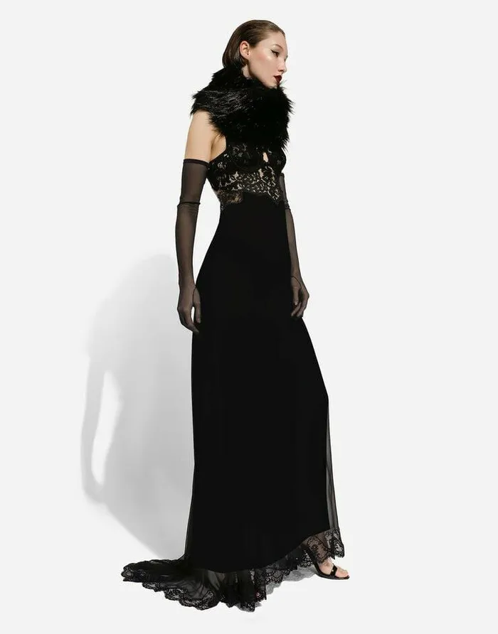 Dolce and Gabbana Dresses Women Long Silk Chiffon Dress With Lace Body Black Dolce and Gabbana Dresses Women Long Silk Chiffon Dress With Lace Body Black