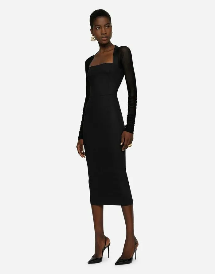Dolce and Gabbana Dresses Women Sable Calflength Dress With Tulle Sleeves Black Dolce and Gabbana Dresses Women Sable Calflength Dress With Tulle Sleeves Black