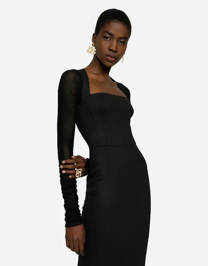 Dolce and Gabbana Dresses Women Sable Calflength Dress With Tulle Sleeves Black Dolce and Gabbana Dresses Women Sable Calflength Dress With Tulle Sleeves Black