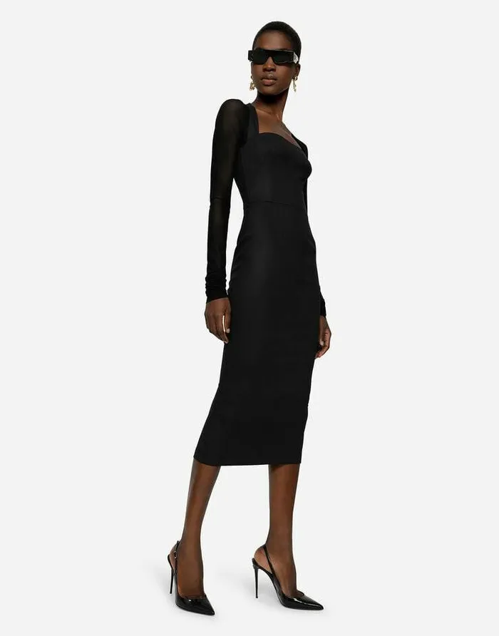 Dolce and Gabbana Dresses Women Sable Calflength Dress With Tulle Sleeves Black Dolce and Gabbana Dresses Women Sable Calflength Dress With Tulle Sleeves Black
