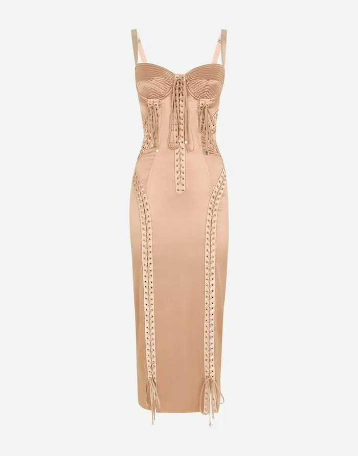 Dolce and Gabbana Dresses Women Satin Calflength Dress With Laces And Eyelets Beige Dolce and Gabbana Dresses Women Satin Calflength Dress With Laces And Eyelets Beige