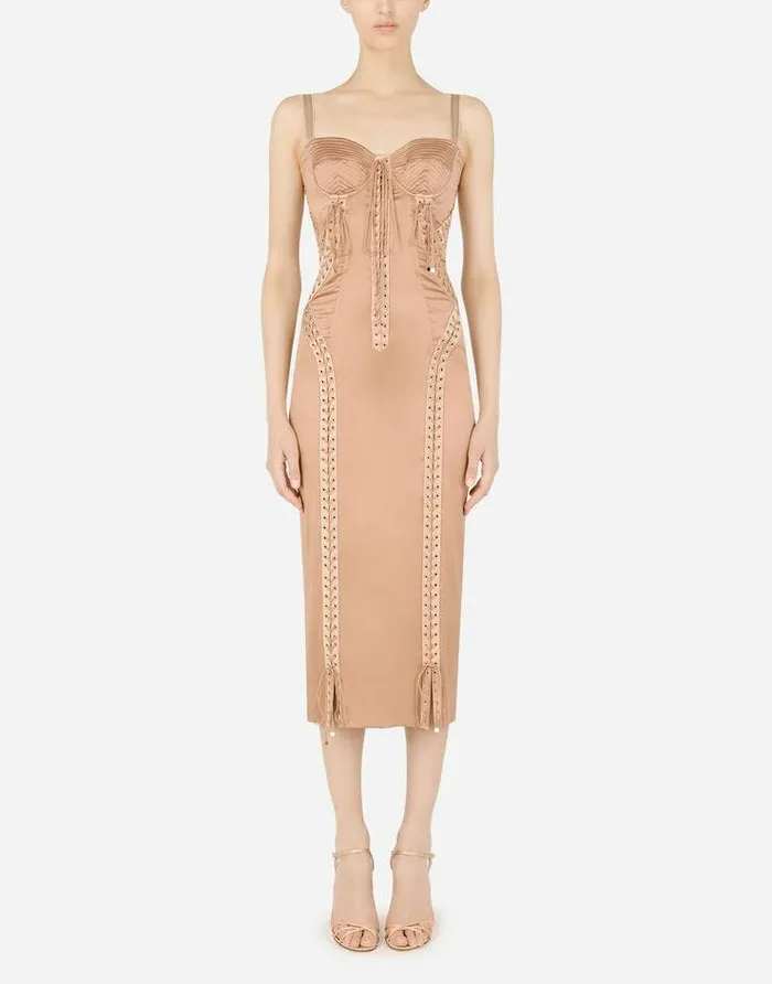 Dolce and Gabbana Dresses Women Satin Calflength Dress With Laces And Eyelets Beige Dolce and Gabbana Dresses Women Satin Calflength Dress With Laces And Eyelets Beige