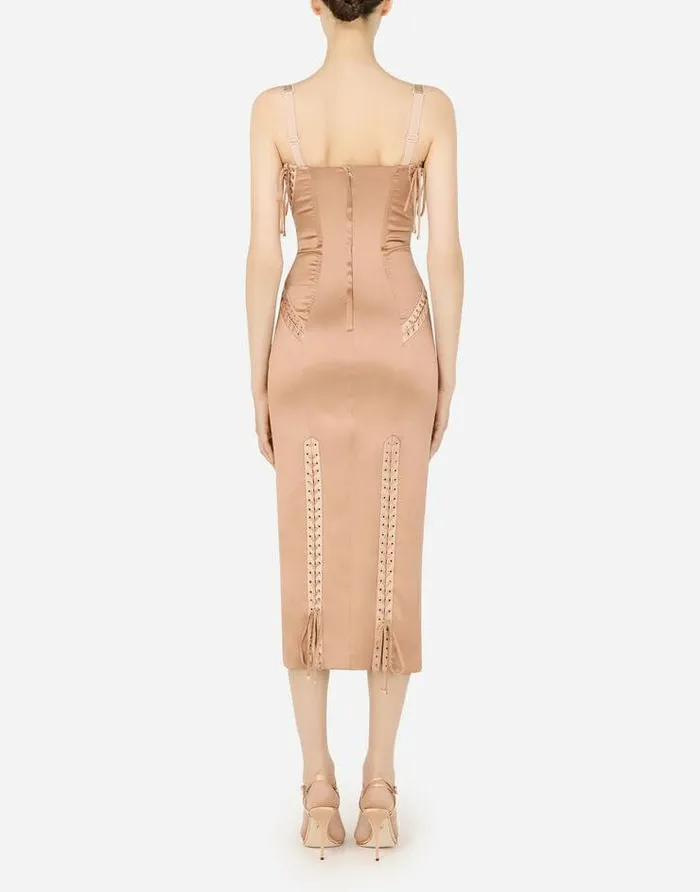 Dolce and Gabbana Dresses Women Satin Calflength Dress With Laces And Eyelets Beige Dolce and Gabbana Dresses Women Satin Calflength Dress With Laces And Eyelets Beige