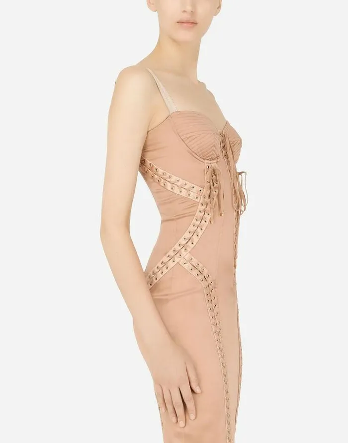 Dolce and Gabbana Dresses Women Satin Calflength Dress With Laces And Eyelets Beige Dolce and Gabbana Dresses Women Satin Calflength Dress With Laces And Eyelets Beige