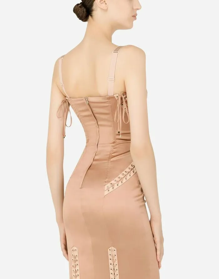 Dolce and Gabbana Dresses Women Satin Calflength Dress With Laces And Eyelets Beige Dolce and Gabbana Dresses Women Satin Calflength Dress With Laces And Eyelets Beige