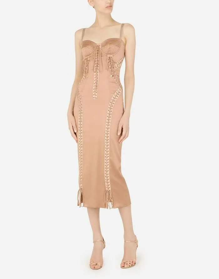 Dolce and Gabbana Dresses Women Satin Calflength Dress With Laces And Eyelets Beige Dolce and Gabbana Dresses Women Satin Calflength Dress With Laces And Eyelets Beige
