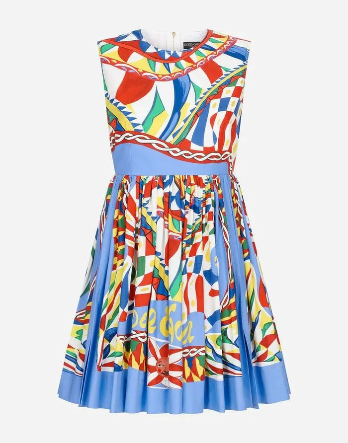 Dolce and Gabbana Dresses Women Short Carrettoprint Poplin Dress Multicolor