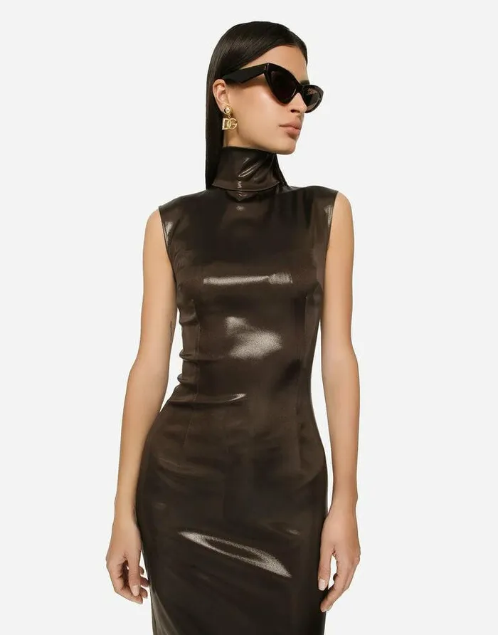 Dolce and Gabbana Dresses Women Sleeveless Calflength Dress In Shiny Satin Brown Dolce and Gabbana Dresses Women Sleeveless Calflength Dress In Shiny Satin Brown