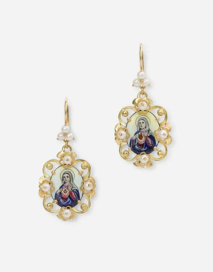 Dolce and Gabbana Earrings Women DD Earrings In Yellow 18kt Gold With Antique Cheramic Miniature Gold Dolce and Gabbana Earrings Women DD Earrings In Yellow 18kt Gold With Antique Cheramic Miniature Gold