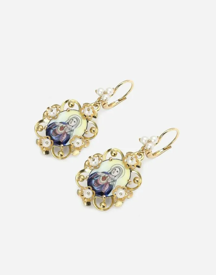 Dolce and Gabbana Earrings Women DD Earrings In Yellow 18kt Gold With Antique Cheramic Miniature Gold Dolce and Gabbana Earrings Women DD Earrings In Yellow 18kt Gold With Antique Cheramic Miniature Gold