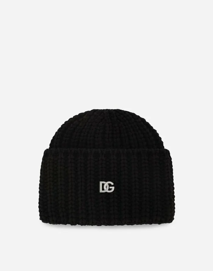 Dolce and Gabbana Hats And Gloves Men Knit Cotton Hat With DG Patch Black