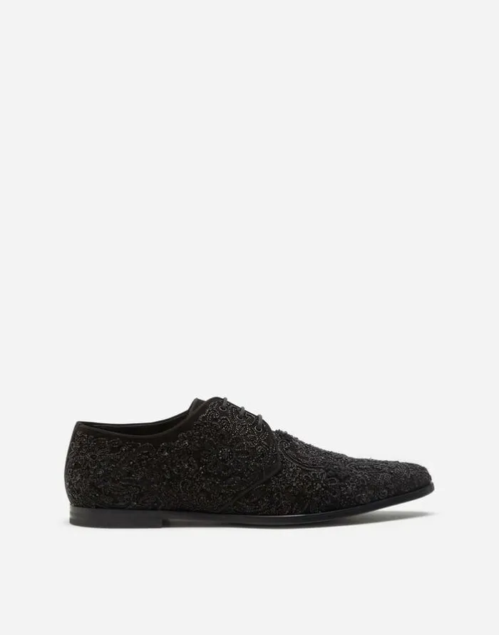 Dolce and Gabbana LaceUps Men Suede Derby Shoes With Allover Embroidery Black Dolce and Gabbana LaceUps Men Suede Derby Shoes With Allover Embroidery Black