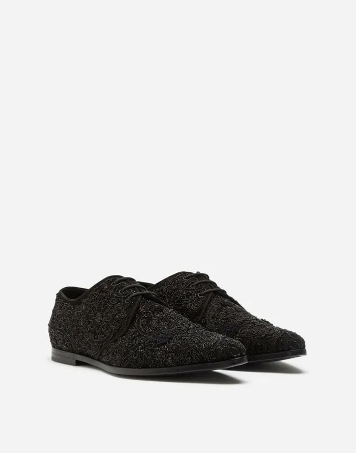 Dolce and Gabbana LaceUps Men Suede Derby Shoes With Allover Embroidery Black Dolce and Gabbana LaceUps Men Suede Derby Shoes With Allover Embroidery Black