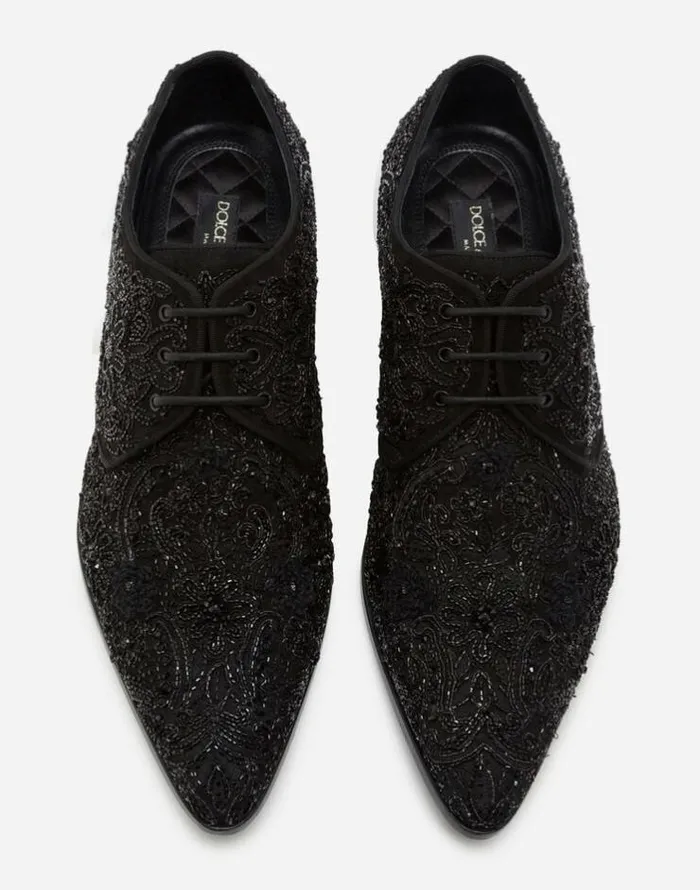 Dolce and Gabbana LaceUps Men Suede Derby Shoes With Allover Embroidery Black Dolce and Gabbana LaceUps Men Suede Derby Shoes With Allover Embroidery Black