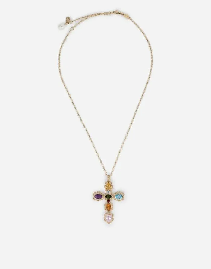 Dolce and Gabbana Necklaces Women 18 Kt Yellow Gold Cross Pendant With Multicolor Fine Gemstones Yellow Gold Dolce and Gabbana Necklaces Women 18 Kt Yellow Gold Cross Pendant With Multicolor Fine Gemstones Yellow Gold