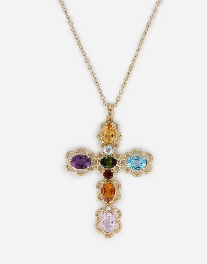 Dolce and Gabbana Necklaces Women 18 Kt Yellow Gold Cross Pendant With Multicolor Fine Gemstones Yellow Gold Dolce and Gabbana Necklaces Women 18 Kt Yellow Gold Cross Pendant With Multicolor Fine Gemstones Yellow Gold