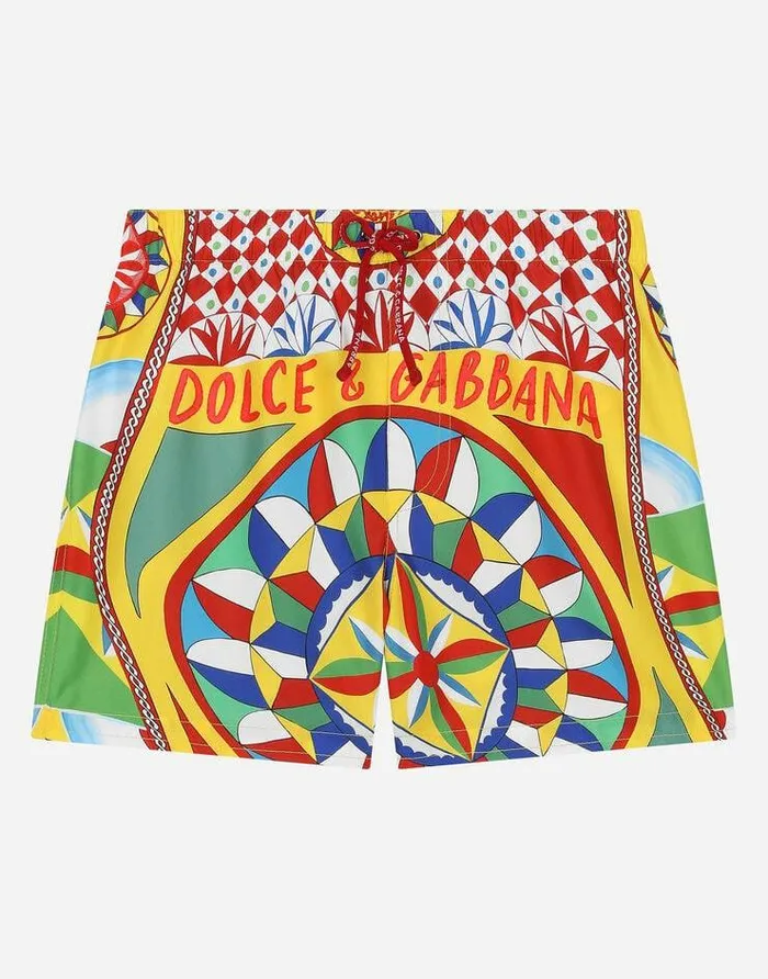 Dolce and Gabbana Nightwear and Underwear Children Nylon Swim Trunks With Carretto Print Red