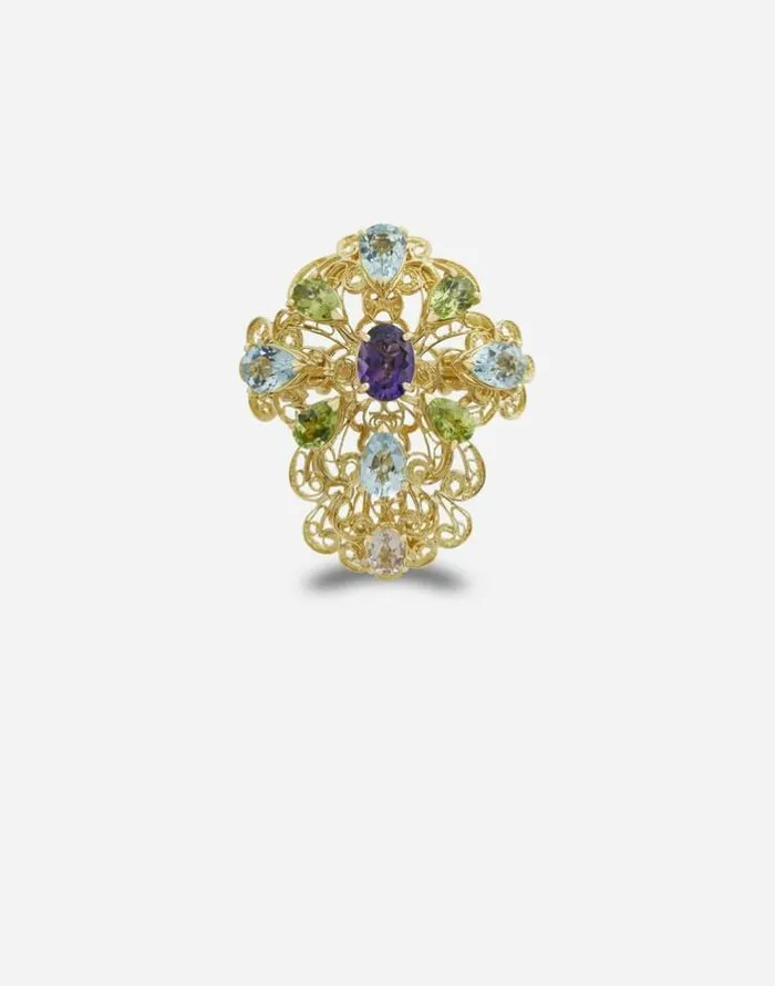 Dolce and Gabbana Rings Women Pizzo Ring In Yellow Gold Filgree With Amethyst Aquamarines Peridots And Morganite Gold Dolce and Gabbana Rings Women Pizzo Ring In Yellow Gold Filgree With Amethyst Aquamarines Peridots And Morganite Gold