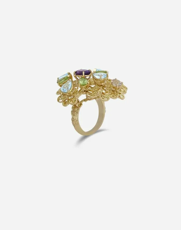 Dolce and Gabbana Rings Women Pizzo Ring In Yellow Gold Filgree With Amethyst Aquamarines Peridots And Morganite Gold Dolce and Gabbana Rings Women Pizzo Ring In Yellow Gold Filgree With Amethyst Aquamarines Peridots And Morganite Gold