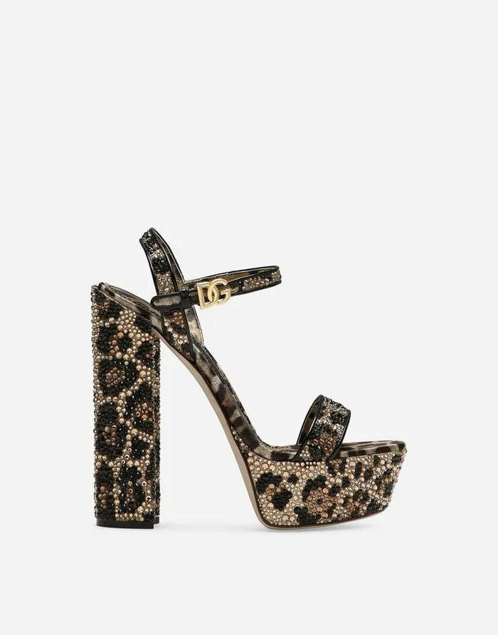 Dolce and Gabbana Sandals And Wedges Women Satin Platform Sandals With Fusible Rhinestones Animal Print Dolce and Gabbana Sandals And Wedges Women Satin Platform Sandals With Fusible Rhinestones Animal Print