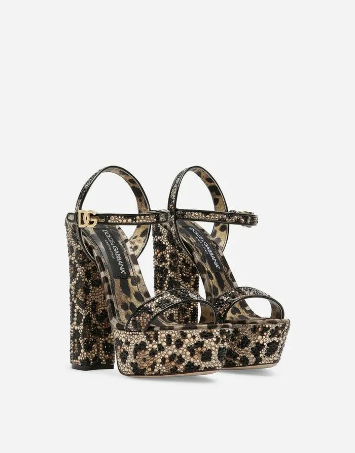 Dolce and Gabbana Sandals And Wedges Women Satin Platform Sandals With Fusible Rhinestones Animal Print Dolce and Gabbana Sandals And Wedges Women Satin Platform Sandals With Fusible Rhinestones Animal Print