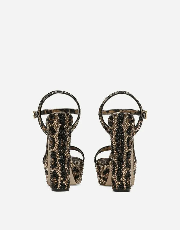 Dolce and Gabbana Sandals And Wedges Women Satin Platform Sandals With Fusible Rhinestones Animal Print Dolce and Gabbana Sandals And Wedges Women Satin Platform Sandals With Fusible Rhinestones Animal Print