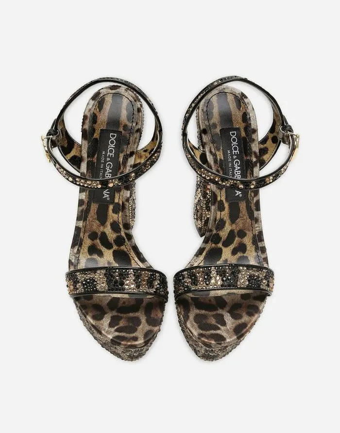 Dolce and Gabbana Sandals And Wedges Women Satin Platform Sandals With Fusible Rhinestones Animal Print Dolce and Gabbana Sandals And Wedges Women Satin Platform Sandals With Fusible Rhinestones Animal Print