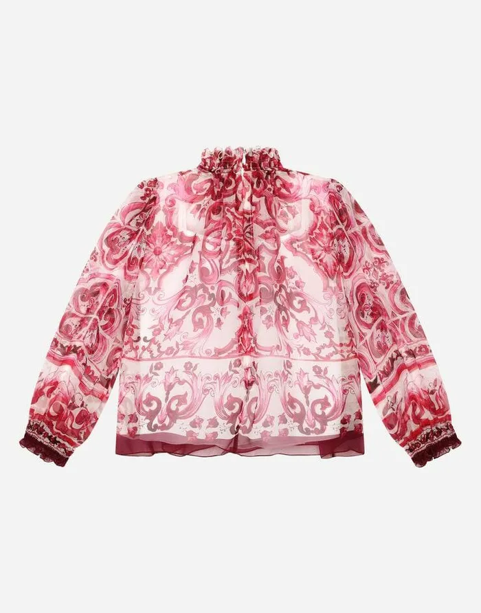 Dolce and Gabbana Shirts And Tops Children Longsleeved Chiffon Shirt With Majolica Print Multicolor