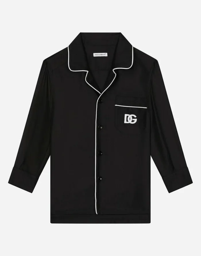 Dolce and Gabbana Shirts Children Silk Twill Pajama Shirt With DG Embroidery Black