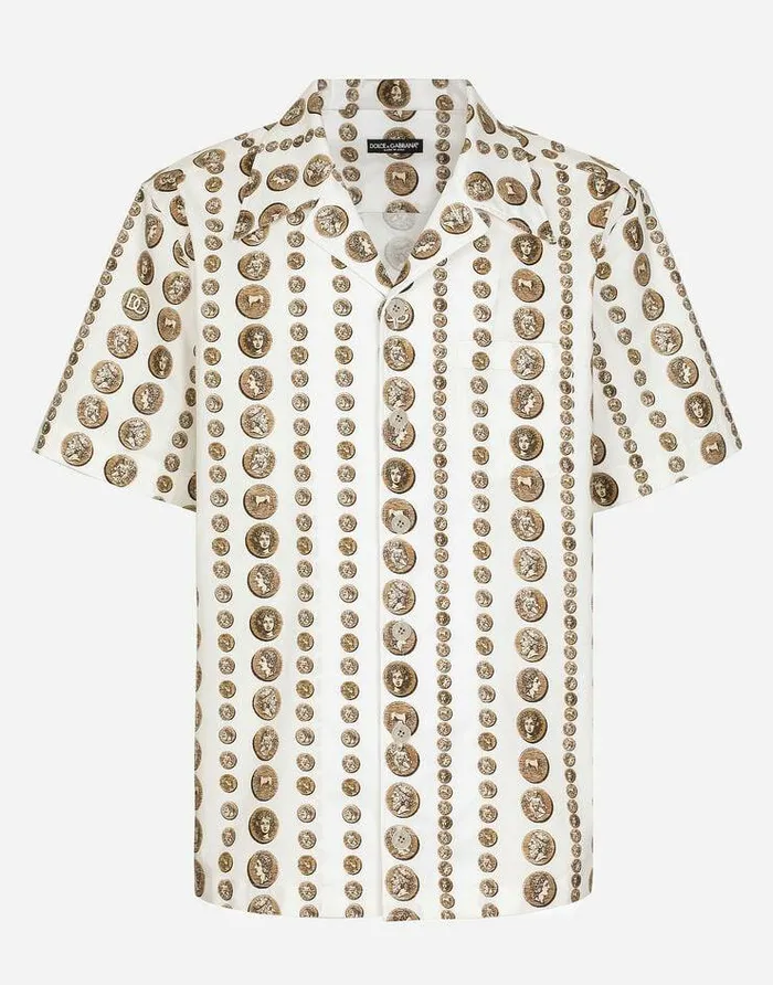 Dolce and Gabbana Shirts Men Coin Print Stretch Drill Hawaiian Shirt White