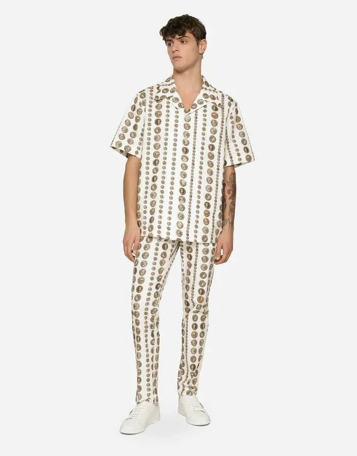 Dolce and Gabbana Shirts Men Coin Print Stretch Drill Hawaiian Shirt White Dolce and Gabbana Shirts Men Coin Print Stretch Drill Hawaiian Shirt White