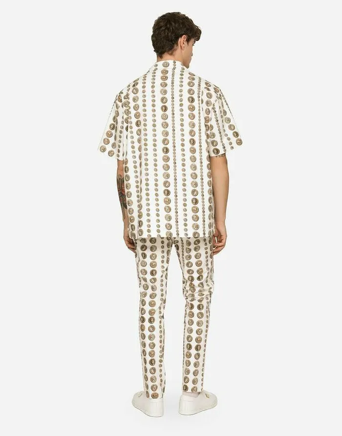 Dolce and Gabbana Shirts Men Coin Print Stretch Drill Hawaiian Shirt White Dolce and Gabbana Shirts Men Coin Print Stretch Drill Hawaiian Shirt White