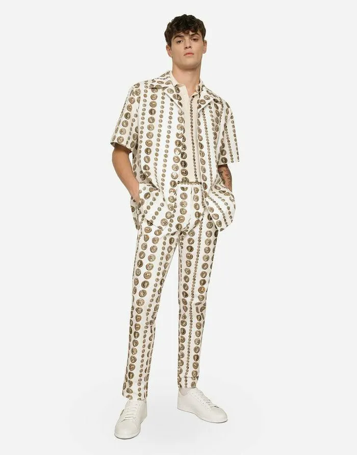 Dolce and Gabbana Shirts Men Coin Print Stretch Drill Hawaiian Shirt White Dolce and Gabbana Shirts Men Coin Print Stretch Drill Hawaiian Shirt White