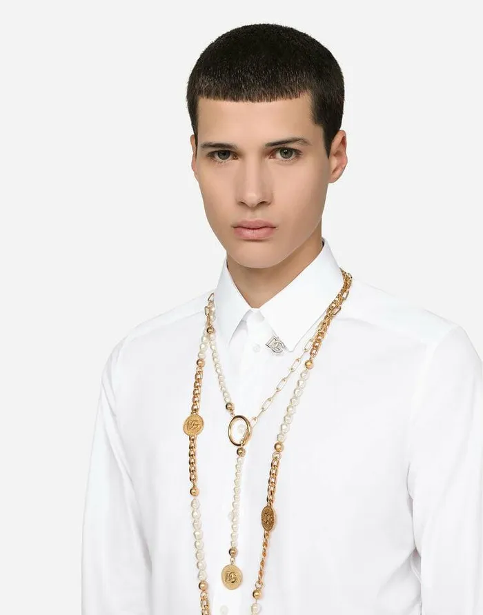 Dolce and Gabbana Shirts Men Cotton Goldfit Shirt With DG Patch White Dolce and Gabbana Shirts Men Cotton Goldfit Shirt With DG Patch White