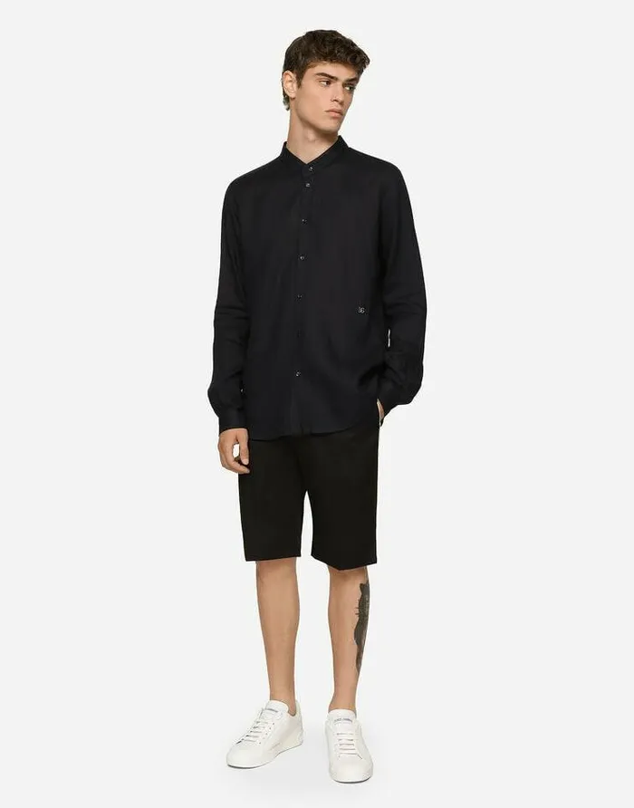 Dolce and Gabbana Shirts Men Linen Martinifit Shirt With DG Hardware Blue Dolce and Gabbana Shirts Men Linen Martinifit Shirt With DG Hardware Blue