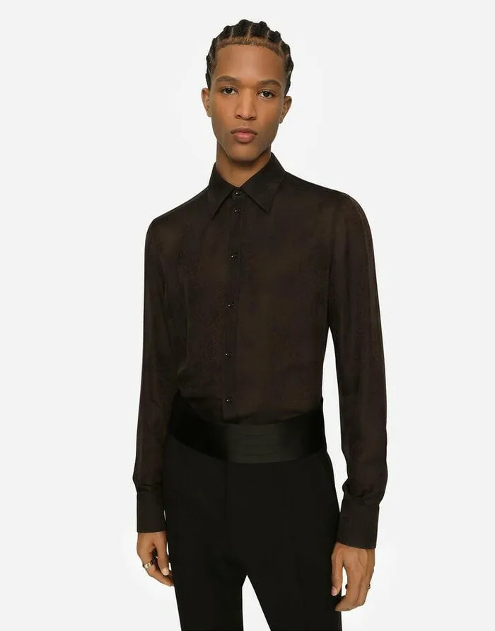 Dolce and Gabbana Shirts Men Silk Jacquard Martinifit Shirt With DG Logo And Ocelot Multicolor Dolce and Gabbana Shirts Men Silk Jacquard Martinifit Shirt With DG Logo And Ocelot Multicolor