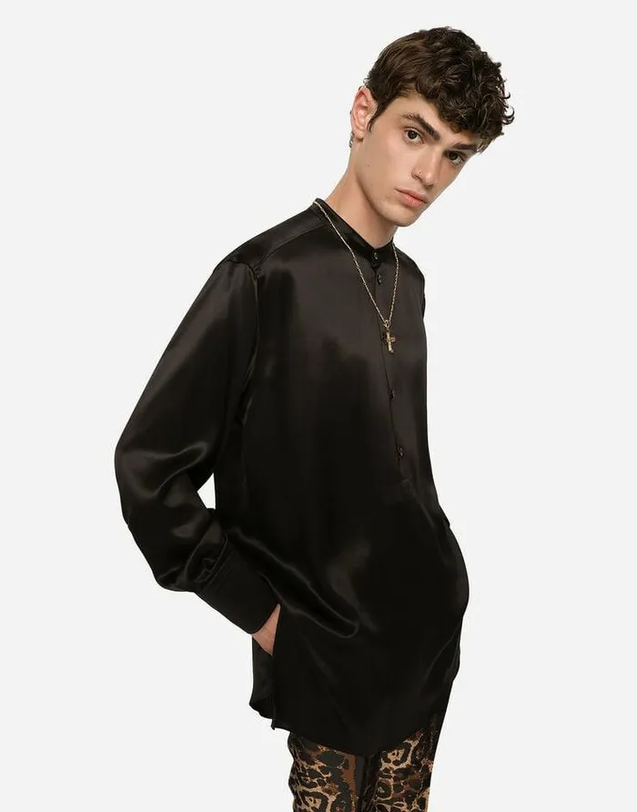 Dolce and Gabbana Shirts Men Silk Satin Shirt Black Dolce and Gabbana Shirts Men Silk Satin Shirt Black