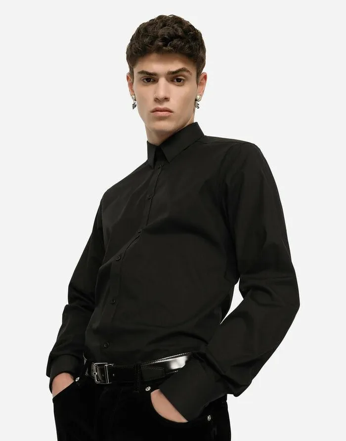 Dolce and Gabbana Shirts Men Stretch Cotton Goldfit Shirt Black Dolce and Gabbana Shirts Men Stretch Cotton Goldfit Shirt Black