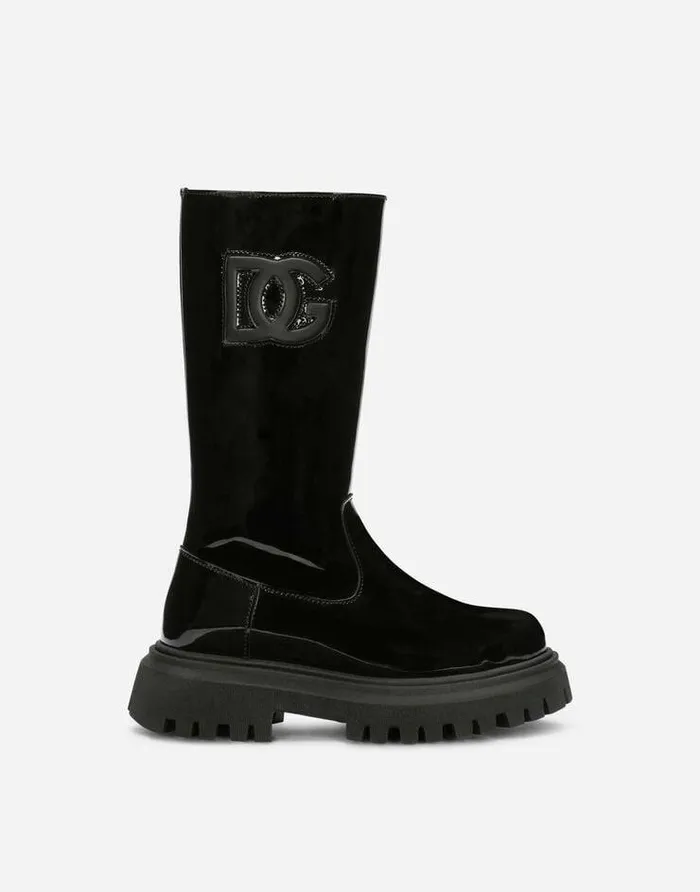 Dolce and Gabbana Shoes 2438 Children Patent Leather Boots With Inlaid DG Logo Black Dolce and Gabbana Shoes 2438 Children Patent Leather Boots With Inlaid DG Logo Black