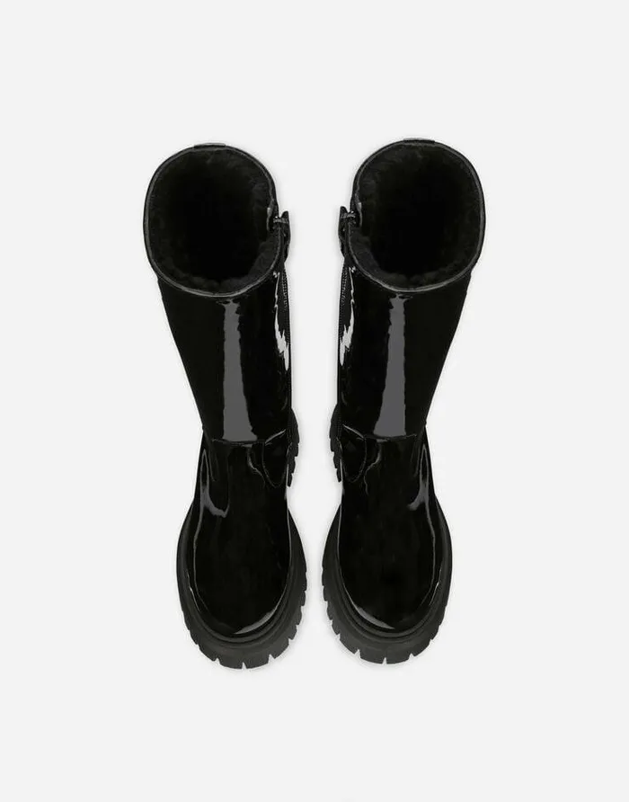 Dolce and Gabbana Shoes 2438 Children Patent Leather Boots With Inlaid DG Logo Black Dolce and Gabbana Shoes 2438 Children Patent Leather Boots With Inlaid DG Logo Black