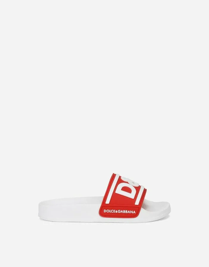 Dolce and Gabbana Shoes 2438 Children Rubber Sliders With Logo Print White