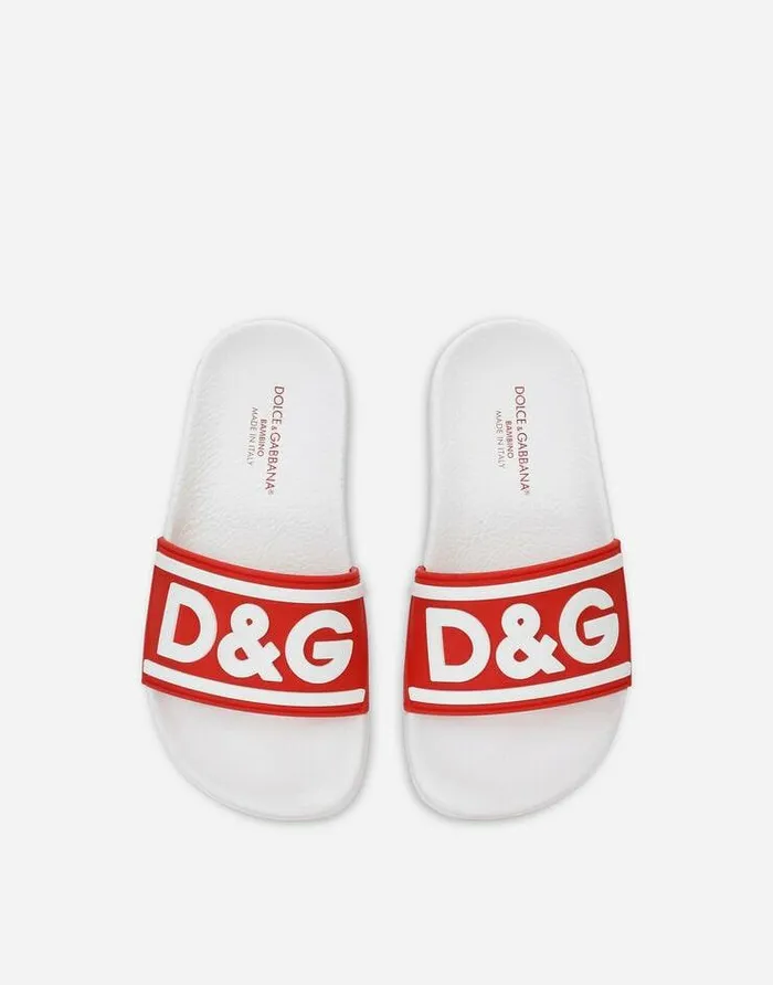 Dolce and Gabbana Shoes 2438 Children Rubber Sliders With Logo Print White Dolce and Gabbana Shoes 2438 Children Rubber Sliders With Logo Print White