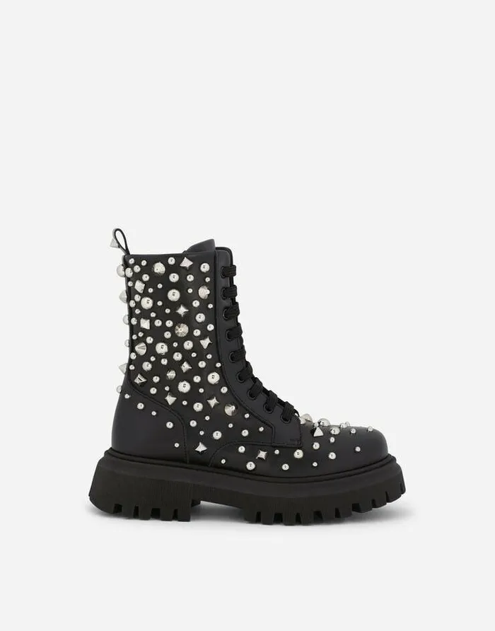 Dolce and Gabbana Shoes 2438 Children Studded Leather Combat Boots Black