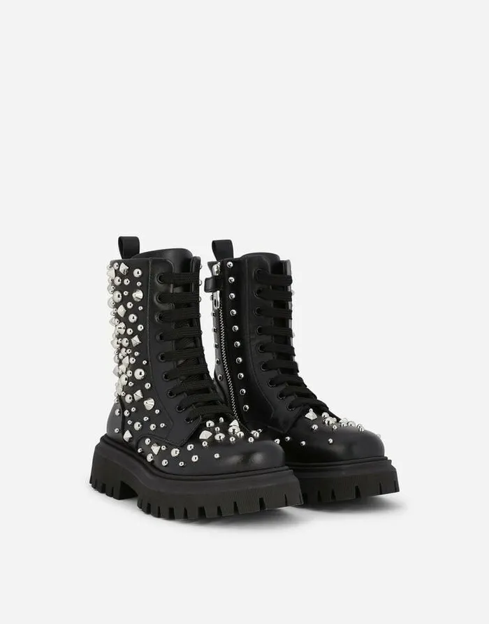 Dolce and Gabbana Shoes 2438 Children Studded Leather Combat Boots Black Dolce and Gabbana Shoes 2438 Children Studded Leather Combat Boots Black