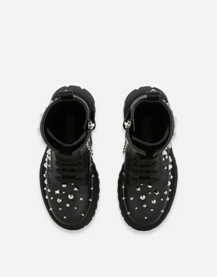 Dolce and Gabbana Shoes 2438 Children Studded Leather Combat Boots Black Dolce and Gabbana Shoes 2438 Children Studded Leather Combat Boots Black