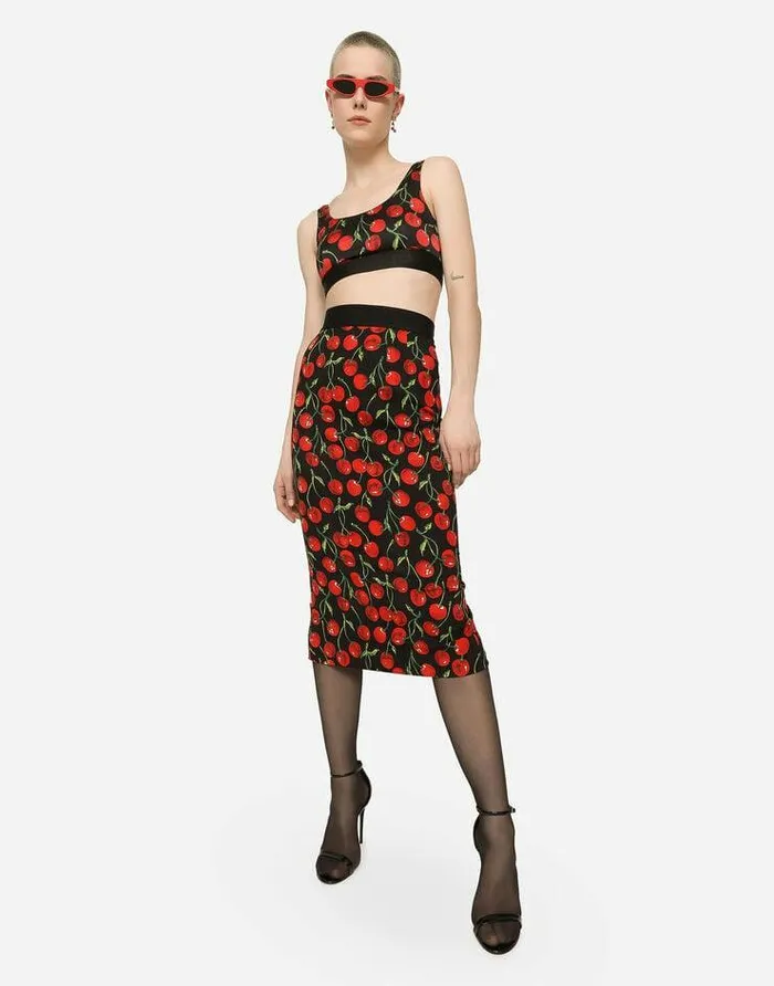 Dolce and Gabbana Skirts Women Highwaisted Charmeuse Calflength Skirt With Cherry Print Multicolor Dolce and Gabbana Skirts Women Highwaisted Charmeuse Calflength Skirt With Cherry Print Multicolor