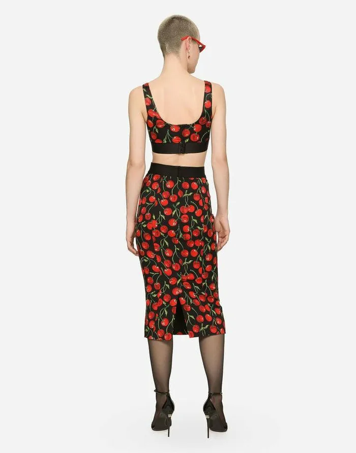 Dolce and Gabbana Skirts Women Highwaisted Charmeuse Calflength Skirt With Cherry Print Multicolor Dolce and Gabbana Skirts Women Highwaisted Charmeuse Calflength Skirt With Cherry Print Multicolor